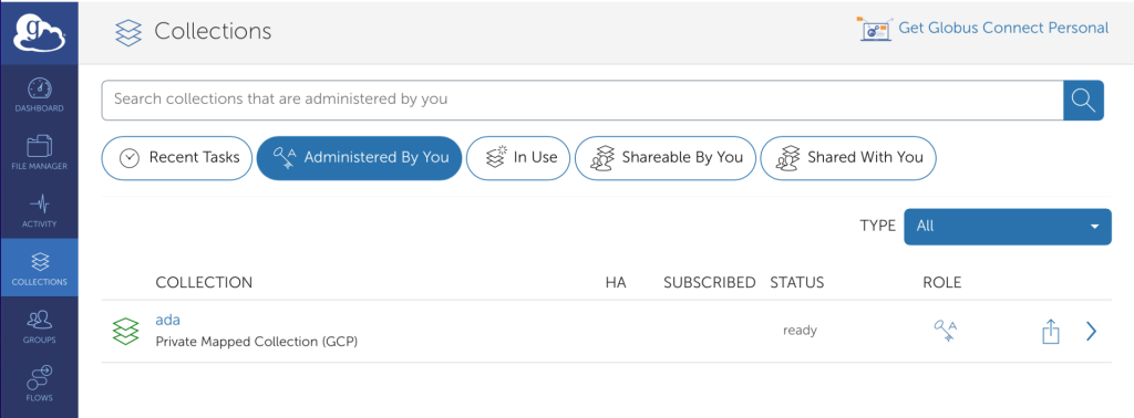 The private 'ada' endpoint visible in the Globus web application