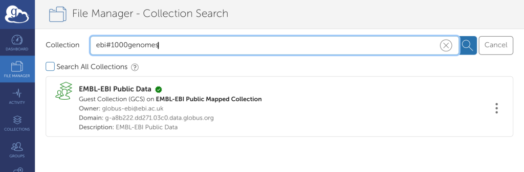 Selecting a Globus collection and files