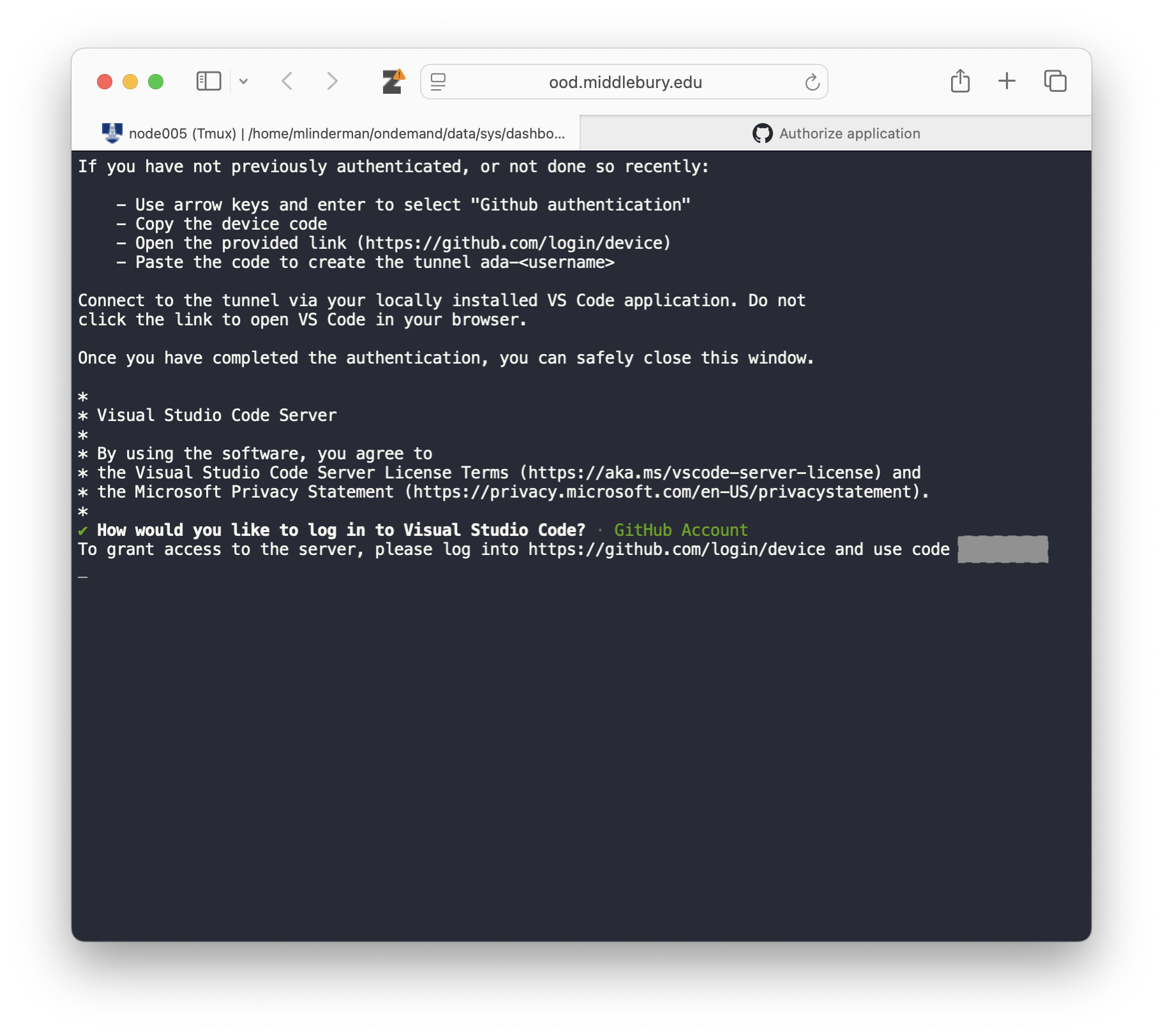 Complete the authentication by navigating to the provided link and entering the code
