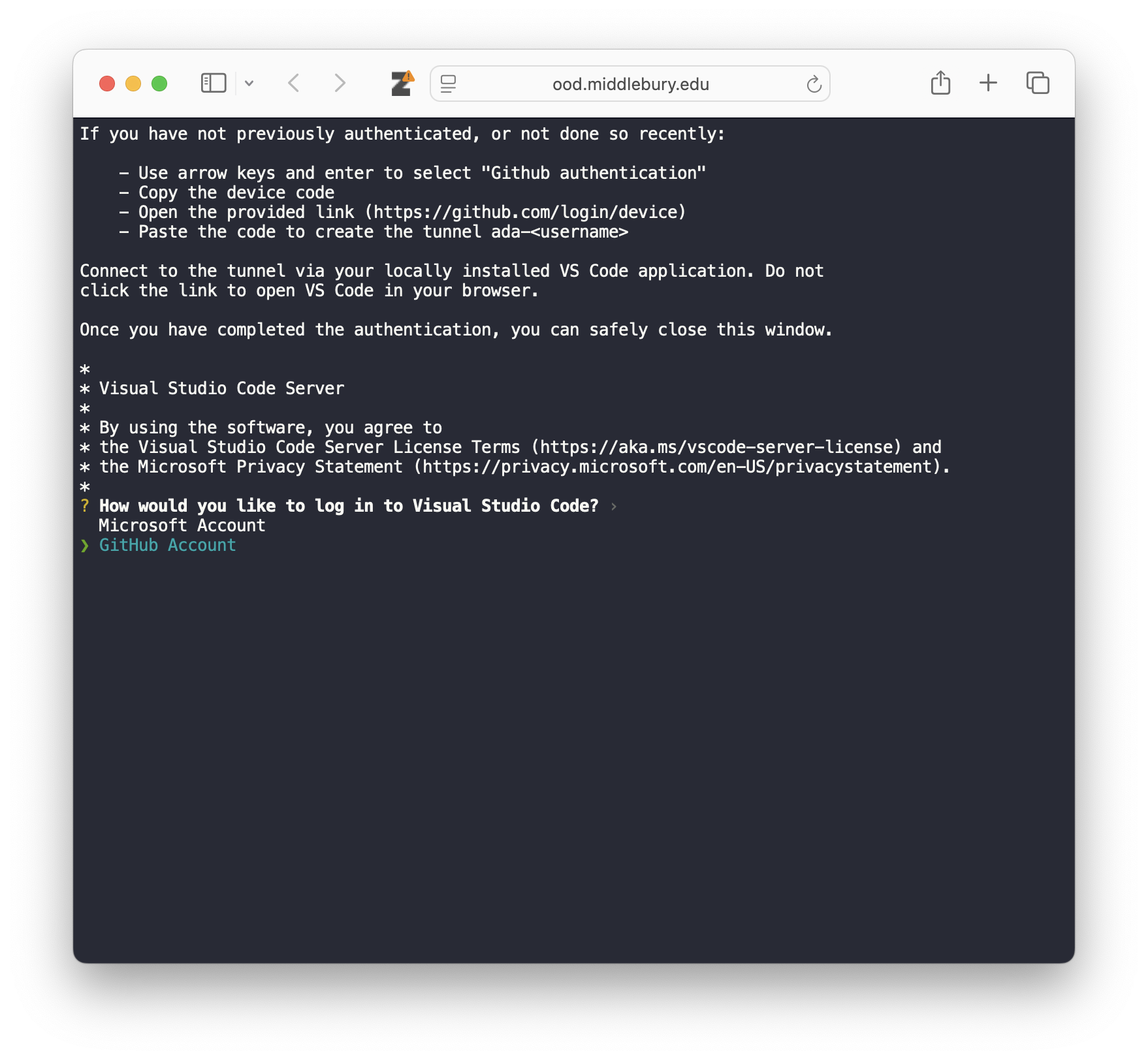 Authenticate for VSCode by first selecting 'GitHub Account' in the terminal you connect to on the compute node